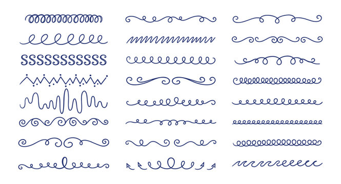 hand drawn blue dividers and decorative line ornaments vector set on transparent background