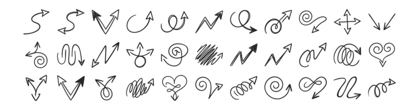 set of 31 hand drawn arrow elements with various shapes and directions vector illustration on transparent background