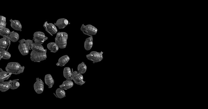 3D hand grenade animation moving across the screen from right to left. Ideal for action scenes, transitions, and motion graphics projects. 4K UHD with alpha channel.