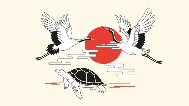 Japanese-style illustration of two cranes flying over a large red sun, with a turtle swimming below, symbolizing longevity and happiness.