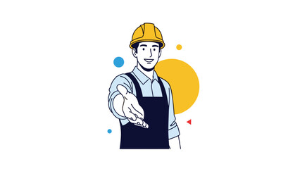 Fototapeta premium Friendly construction worker or engineer in a yellow hard hat and overalls extending a hand for a handshake, with abstract shapes.