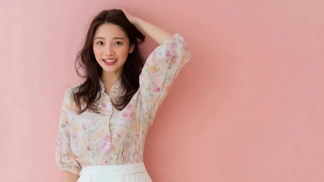 日本人女性がピンク背景で春を表す