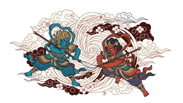 Dynamic Japanese mythology illustration of Fujin and Raijin, the wind and thunder gods, battling among stylized clouds and flowers.