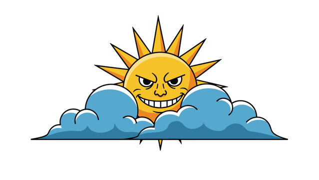 Cartoon illustration of a menacing, evil-looking sun with a sinister smile, peeking out from behind blue clouds in the sky.