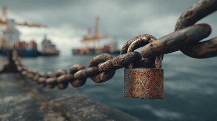 padlock on chains with background of large cargo ships