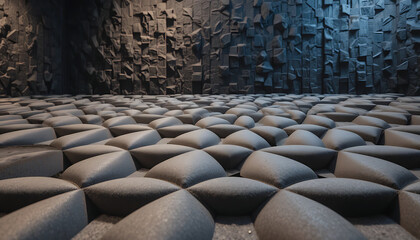 Fototapeta premium Black padded floor and textured wall in a soundproof room used for audio recording and testing
