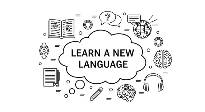 Learn a new language concept illustration with line icons.