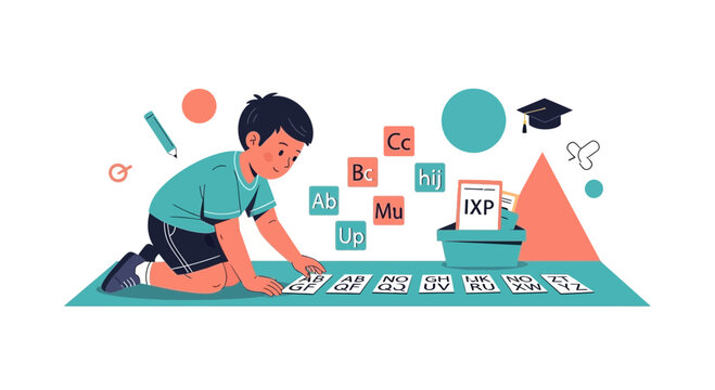 Child learning alphabet, sorting letters, early education, cognitive development