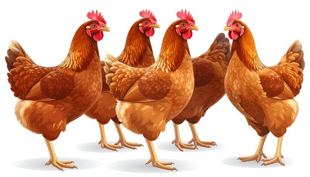 Cartoon-style illustration of five brown hens with bright red combs and wattles, standing on a white background