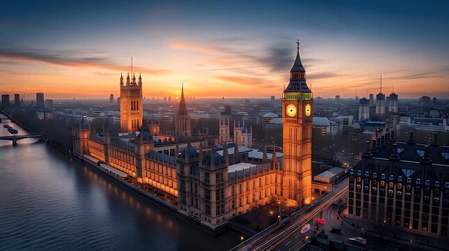 Aerial view captures the magnificent Palace of Westminster and Big Ben illuminated against a dramatic sunset over the River Thames in central London England.