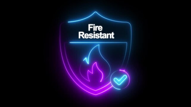 glowing neon fire resistant icon isolated on black background. Fire safety shield icon animation. flame, fireproof. Regulatory compliance. HD video motion graphic animation ,
