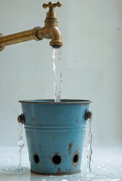 A vintage brass faucet pours a steady stream of water into a weathered blue metal bucket, while water simultaneously leaks from holes in the bucket's side, creating a dynamic interplay of flowing and 