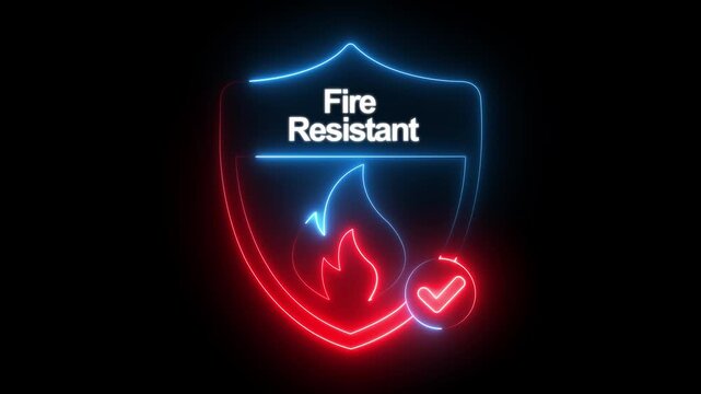 glowing neon fire resistant icon isolated on black background. Fire safety shield icon animation. flame, fireproof. Regulatory compliance. HD video motion graphic animation ,
