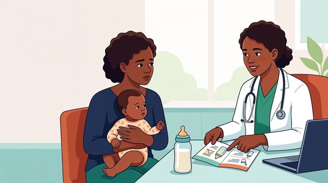An HIV-positive mother with her infant at a doctor's appointment, where the physician explains why breastfeeding is contraindicated and outlines the principles of formula feeding.  