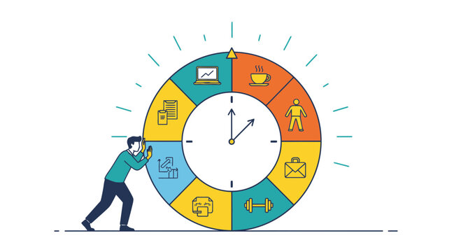 Man pushing a colorful time wheel with icons representing work, coffee, fitness, and life balance
