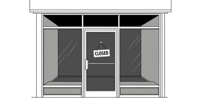 Line art illustration of a storefront with a closed sign on the door.