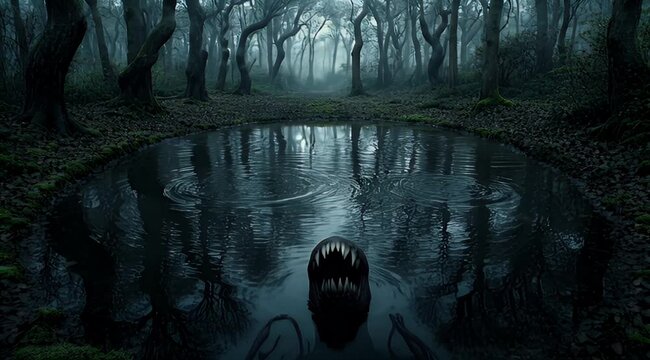 Dark, misty forest with a still pool reflecting gnarled trees and a submerged object