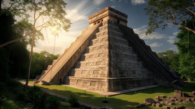 Majestic el castillo pyramid at chichen itza stands tall against a dramatic sunset sky surrounded by lush jungle foliage creating an ancient historical landmark scene