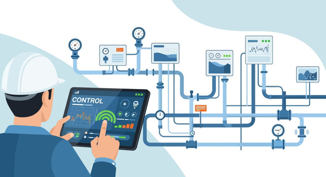 Industrial engineer controlling automated system on tablet