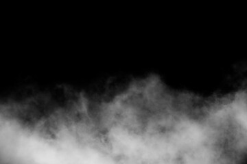 Fototapeta premium White smoke or fog spreading from top and bottom on black background, abstract vapor texture representing mist, mystery, and atmospheric effect for creative design or cinematic use.
