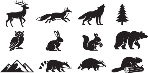 Fototapeta premium Black silhouettes of various forest animals and landscape icons on white background