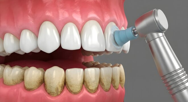 Procedimiento profesional de limpieza dental con pulido en dientes superiores mostrando contraste con placa en inferiores