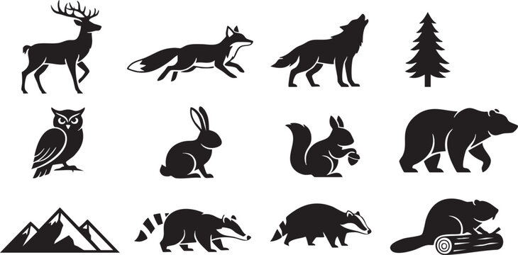 Black silhouettes of various forest animals and landscape icons on white background