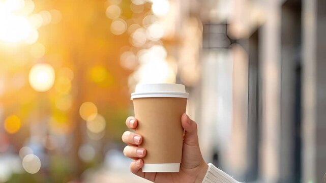 テイクアウトコーヒーカップを持つ手 クローズアップ 都市ライフスタイル背景 コピースペース