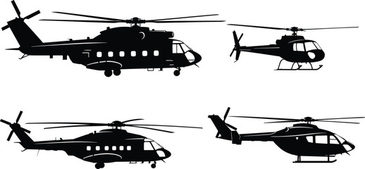 Black helicopter silhouettes collection isolated on white background, military transport chopper and light utility helicopter vector illustration set aviation aircraft © MdNurAlam