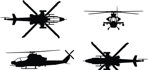 Black silhouette military attack helicopters set, multiple rotorcraft views isolated, aviation defense aircraft vector illustration collection on white © MdNurAlam