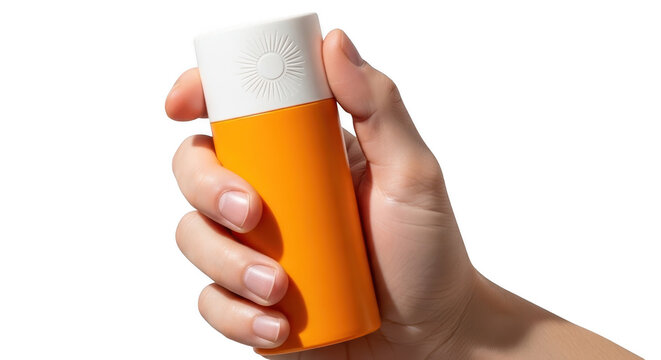 Hand holding orange sunscreen bottle with white cap with ideal f cut out