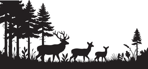 Fototapeta premium Black silhouette of deer family walking through forest with trees and grass