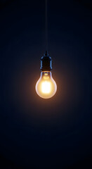 Illuminated Incandescent Light Bulb Hanging in Darkness, Symbolizing Idea, Innovation, and Inspiration