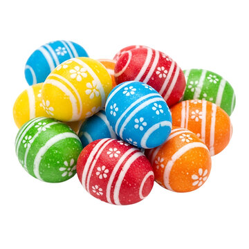 A beautiful stack of brightly colored Easter eggs with intricate flower patterns