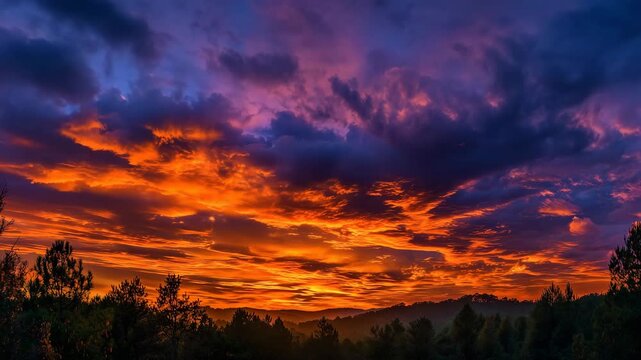 森の向こうに広がる夕焼け空の景色