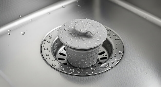 Close-up of a kitchen sink drain with a water-filled strainer.