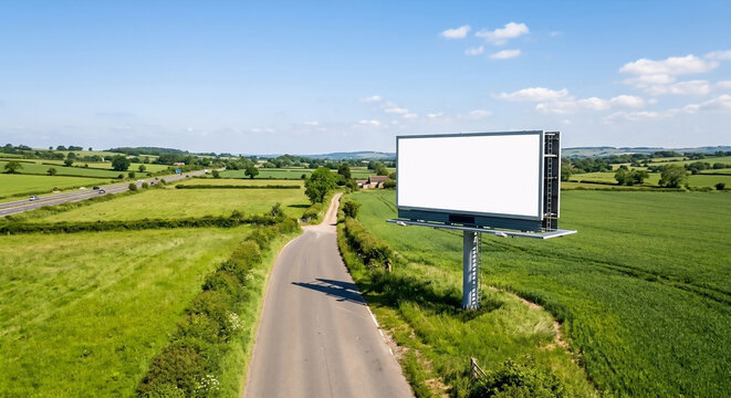 Blank Billboard Mockup Along Rural Road with Green Fields and Blue Sky &ndash; Outdoor Advertising Display Template