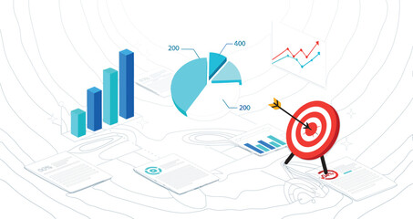 Business Data Analytics and Performance Dashboard Vector Illustration Featuring 3D Bar Charts Pie Graphs and Bullseye Target for Strategic Marketing Goals
