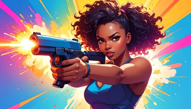 An energetic illustration of a woman with curly hair, holding a pistol with a bright muzzle flash against a colorful, explosive background