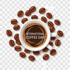 Obraz premium Delicious coffee cup surrounded by scattered beans celebrating International Coffee Day.