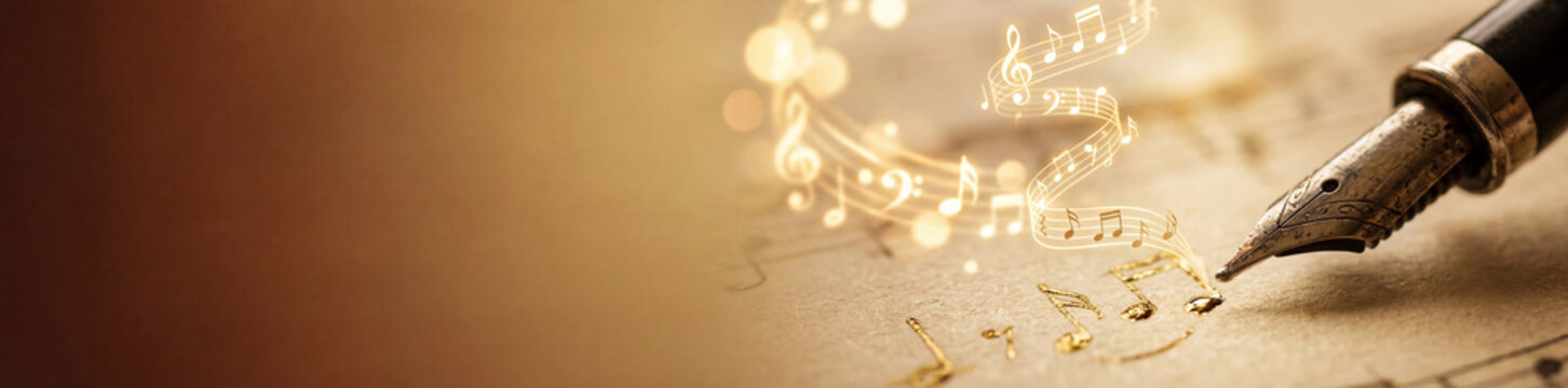 Horizontal banner of a vintage fountain pen writing glowing golden musical notes on old parchment paper