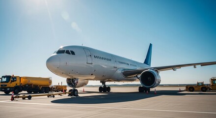 Large Commercial Airliner on Airport Tarmac with Fuel Truck and Ground Support Equipment under Bright Blue Sky