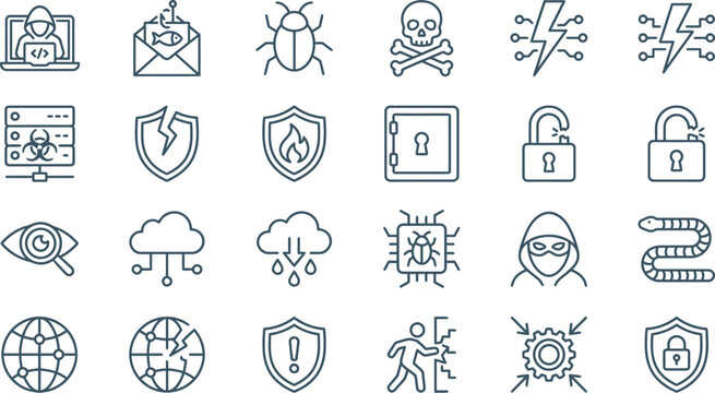 Collection of outline icons representing various cybersecurity threats, protection measures, and digital risks.