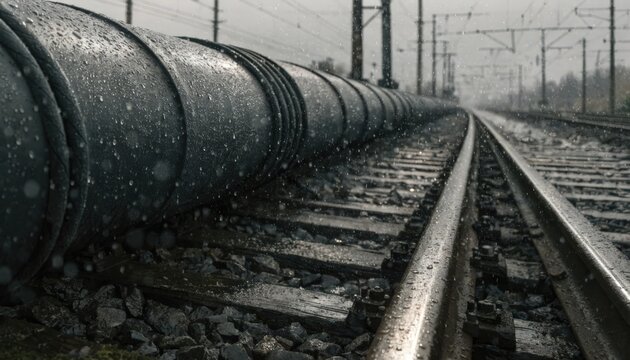 Medium shot of a railway corridor featuring a longdistance fiber optic cable running parallel to the train tracks under an overcast sky emphasizing infrastructure detail with