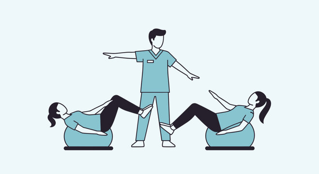 Physical therapist guiding women exercising on stability balls, rehabilitation, fitness