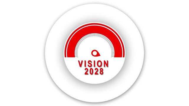 Futuristic vision 2028 concept with red speedometer gauge accelerating to speed with modern gear