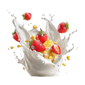 Fresh strawberries splashing in creamy white milk with yellow cornflakes dynamic motion