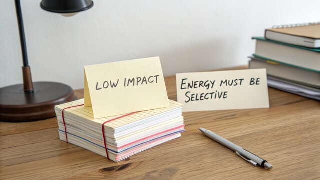 Notes and stationery on wooden desk with motivational phrases about energy management and low impact strategy