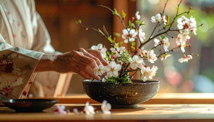 着物を着た女性が温かな光の中で石の器に白い花を使って生け花を丁寧に活けている