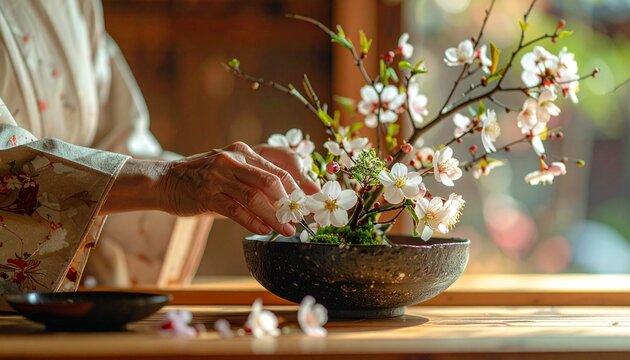 着物を着た女性が温かな光の中で石の器に白い花を使って生け花を丁寧に活けている